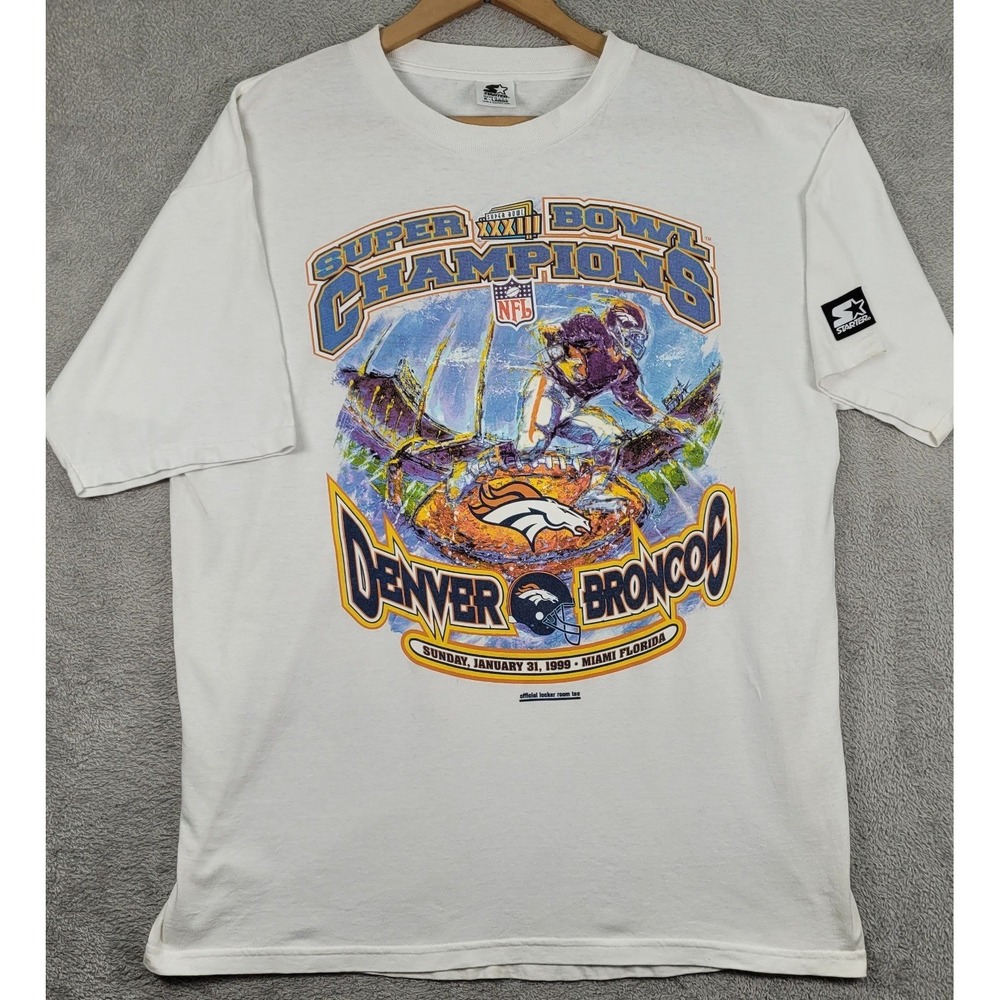 Vintage Starter Denver Broncos Super Bowl XXXIII Champions T-Shirt XL White 1999